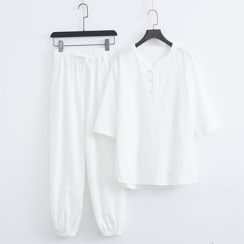 Buddha Stones Solid Color Traditional Short Sleeve T-shirt Pants Clothing Men's Set - White(Top&Pants) - US/UK/AU44,EU54 (4XL) - image 8