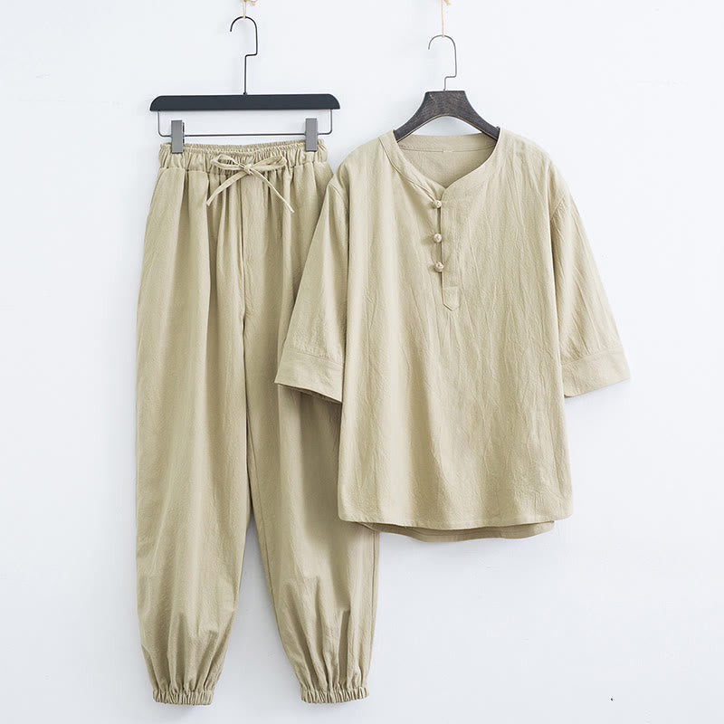 Buddha Stones Solid Color Traditional Short Sleeve T-shirt Pants Clothing Men's Set - Beige(Top&Pants) - US/UK/AU44,EU54 (4XL) - image 13