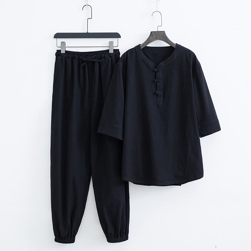 Buddha Stones Solid Color Traditional Short Sleeve T-shirt Pants Clothing Men's Set - Black(Top&Pants) - US/UK/AU44,EU54 (4XL) - image 9