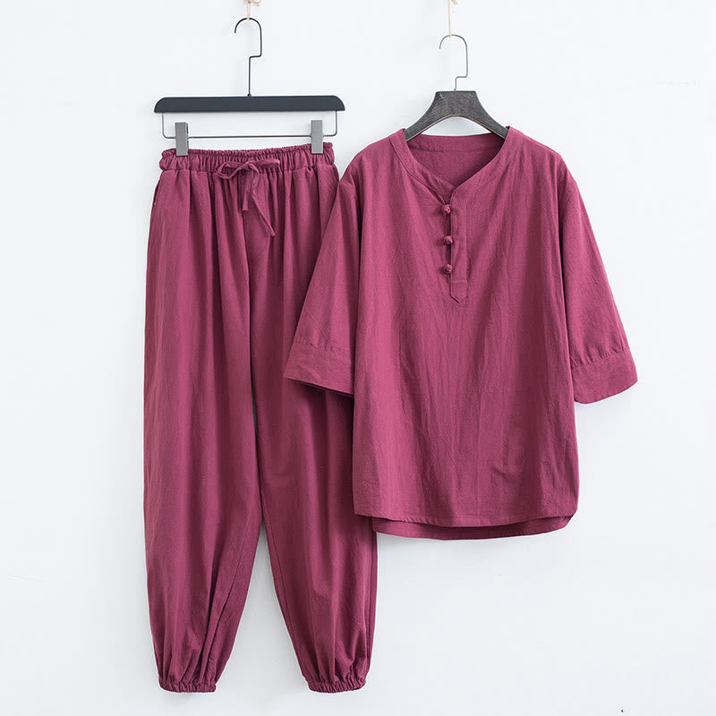 Buddha Stones Solid Color Traditional Short Sleeve T-shirt Pants Clothing Men's Set - Red(Top&Pants) - US/UK/AU44,EU54 (4XL) - image 14