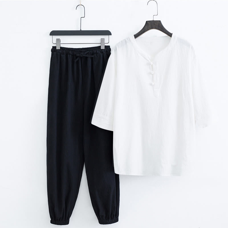 Buddha Stones Solid Color Traditional Short Sleeve T-shirt Pants Clothing Men's Set - White Shirt&Black Pants(Top&Pants) - US/UK/AU44,EU54 (4XL) - image 11