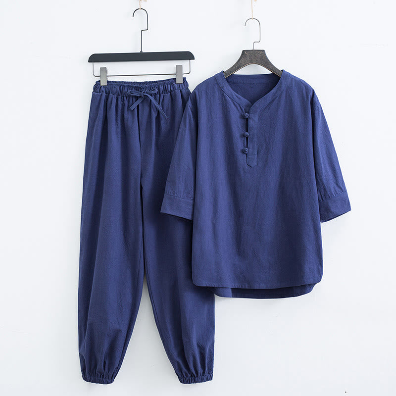 Buddha Stones Solid Color Traditional Short Sleeve T-shirt Pants Clothing Men's Set - Navy Blue(Top&Pants) - US/UK/AU44,EU54 (4XL) - image 12