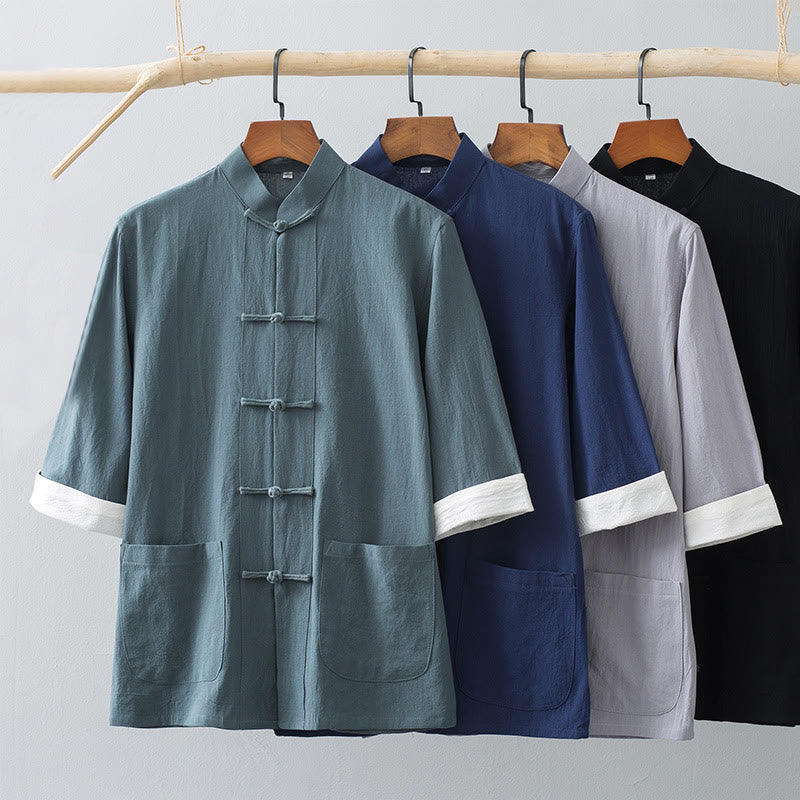 Chemise Tang chinoise à demi-manches avec boutons grenouille Foviel pour hommes, en coton, avec poches