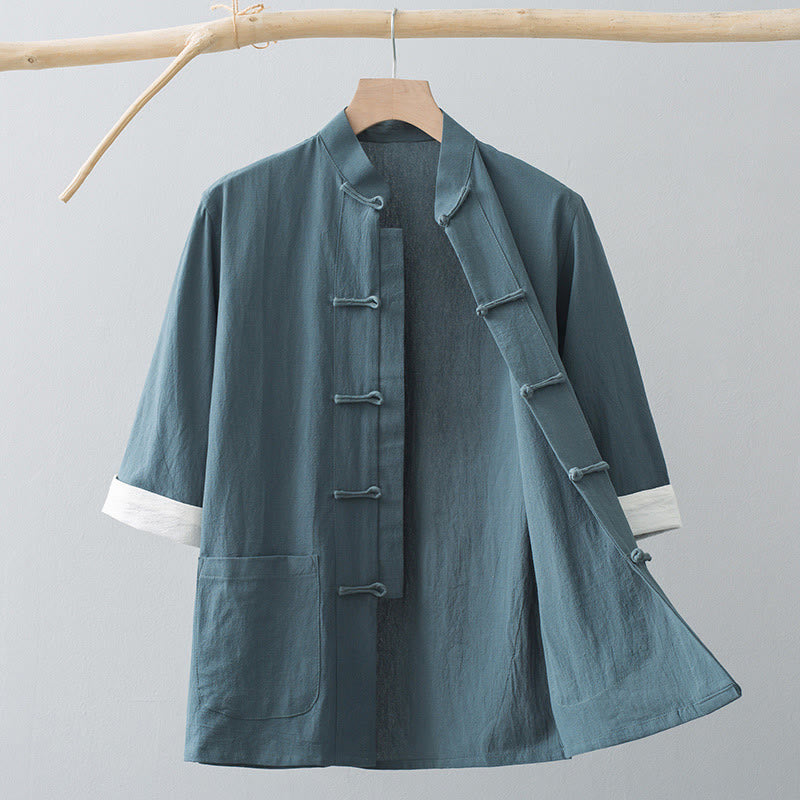 Chemise Tang chinoise à demi-manches avec boutons grenouille Foviel pour hommes, en coton, avec poches
