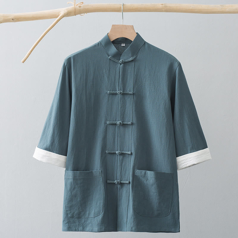 Chemise Tang chinoise à demi-manches avec boutons grenouille Foviel pour hommes, en coton, avec poches