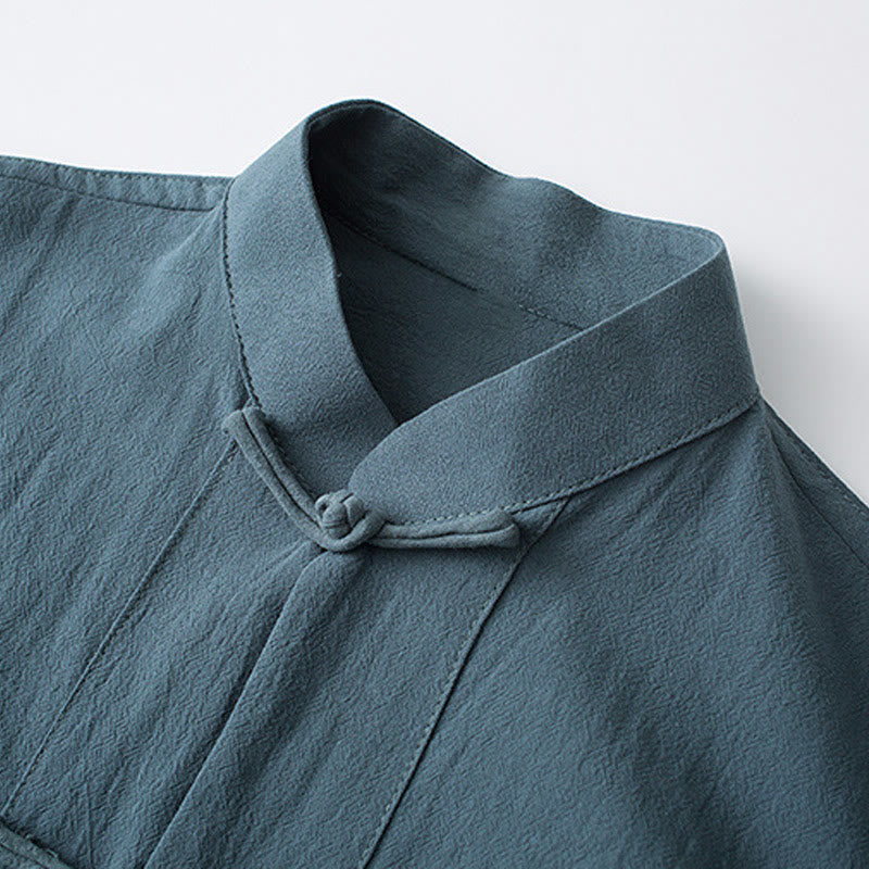 Chemise Tang chinoise à demi-manches avec boutons grenouille Foviel pour hommes, en coton, avec poches