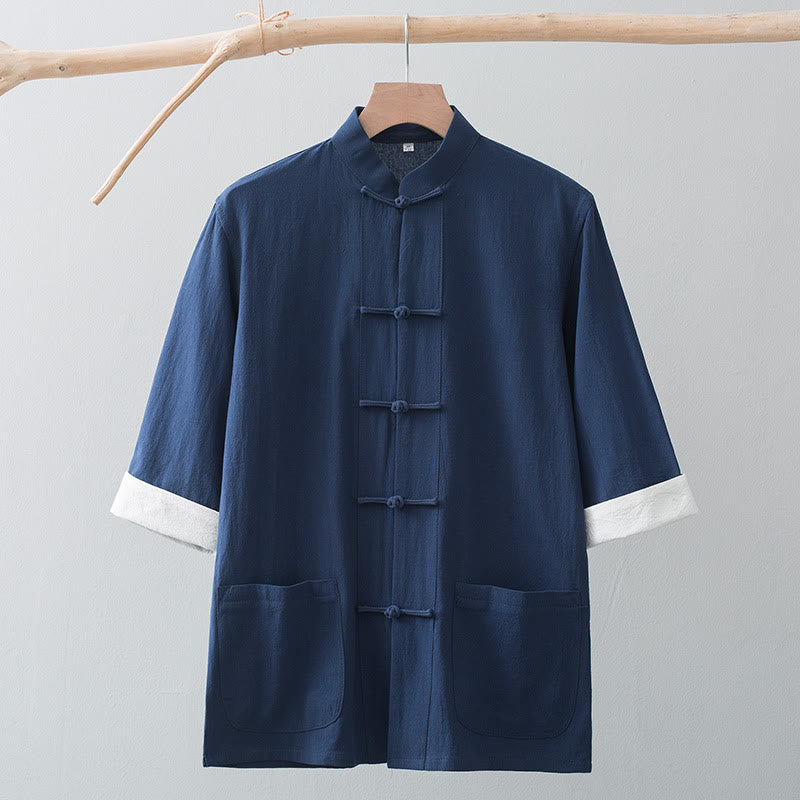 Foviel Frog-Button Chinese Tang Suit Half Sleeve Shirt Cotton Men Clothing With Pockets