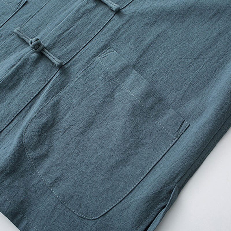 Foviel Frog-Button Chinese Tang Suit Half Sleeve Shirt Cotton Men Clothing With Pockets