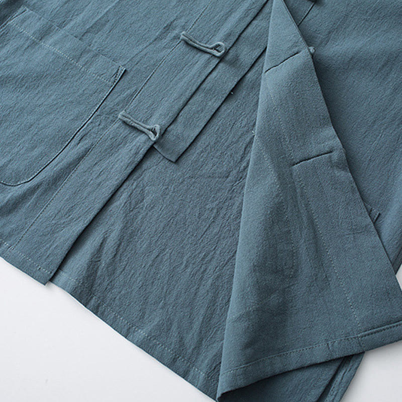 Foviel Frog-Button Chinese Tang Suit Half Sleeve Shirt Cotton Men Clothing With Pockets