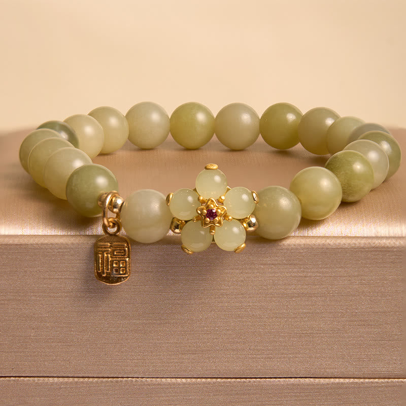 Foviel Grüne Jade Blume Fu Charakter Charme Glück Armband