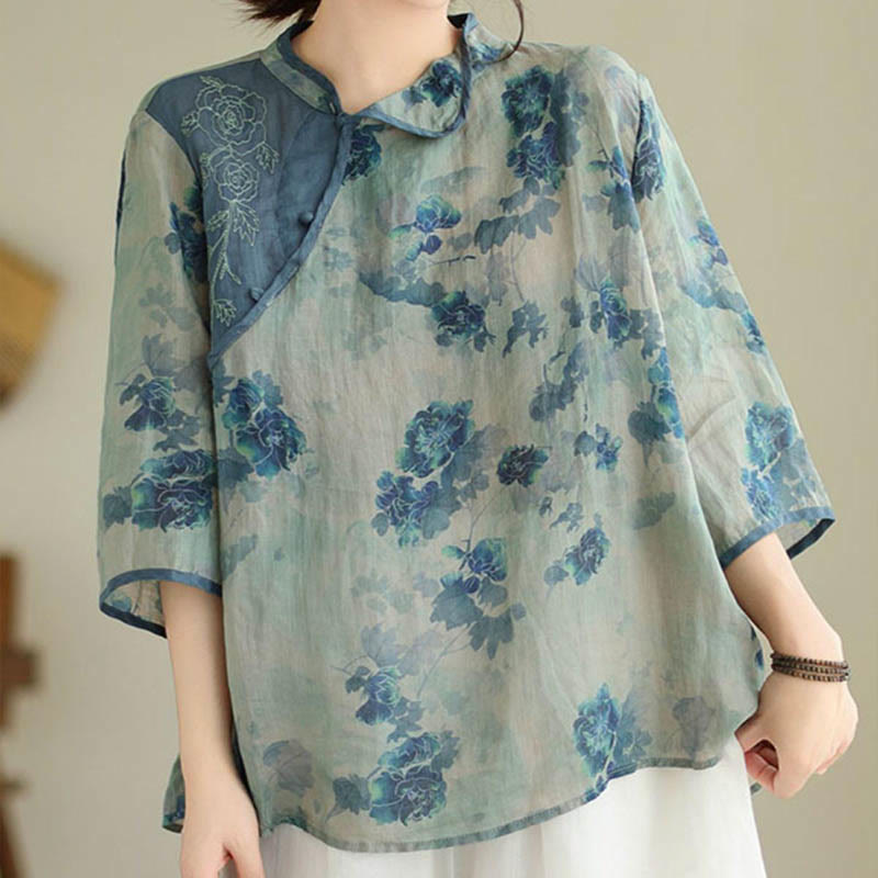 Buddha Stones PLUS SIZE Blue Jacaranda Flower Design Three Quarter Sleeve Shirt - US16,UK/AU20,EU48 (3XL) - image 0