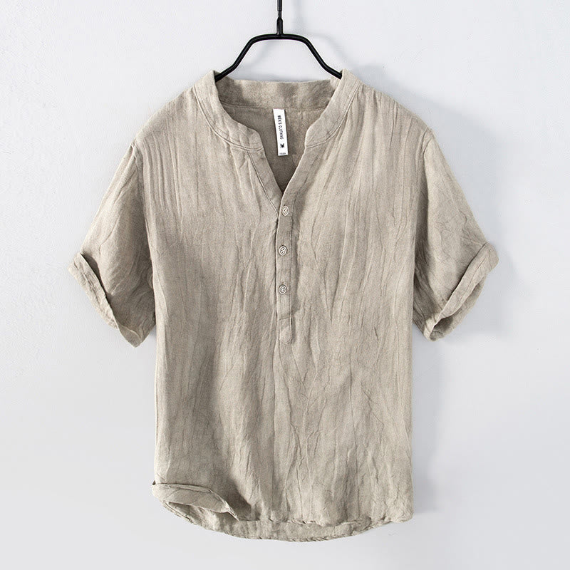 Buddha Stones Solid Color Short Sleeve Half Button Shirt Cotton Linen Men Clothing - Short Sleeve - Linen - US/UK/AU50,EU60 (5XL) - image 17