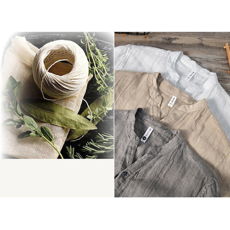 Buddha Stones Solid Color Long Sleeve Half Button Shirt Cotton Linen Men Clothing - image 18