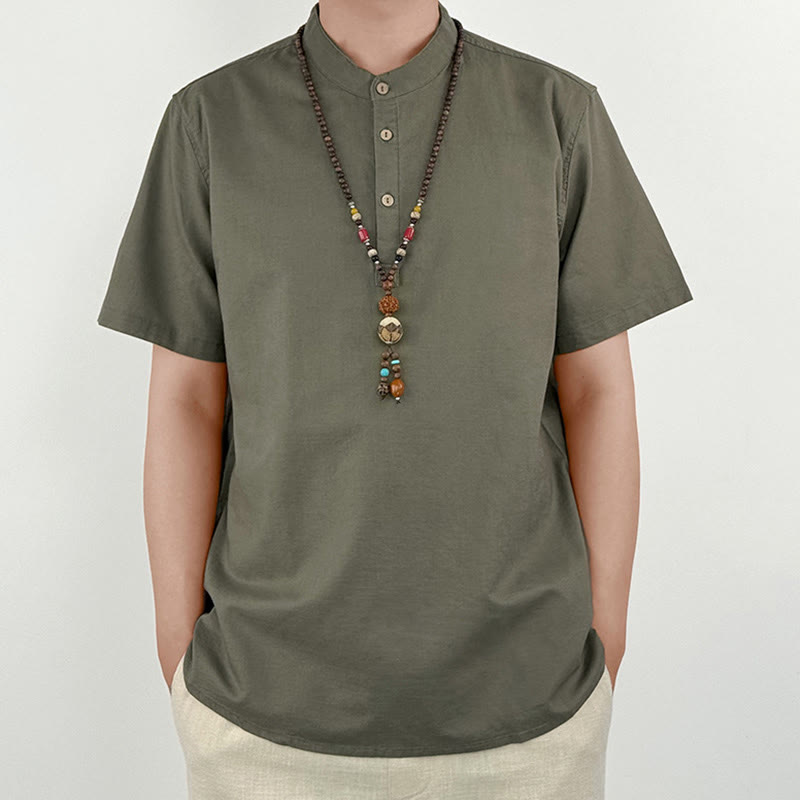Buddha Stones Solid Color Men Short Sleeve Button Linen Shirt - DarkKhaki - US/UK/AU44,EU54 (4XL) - image 0