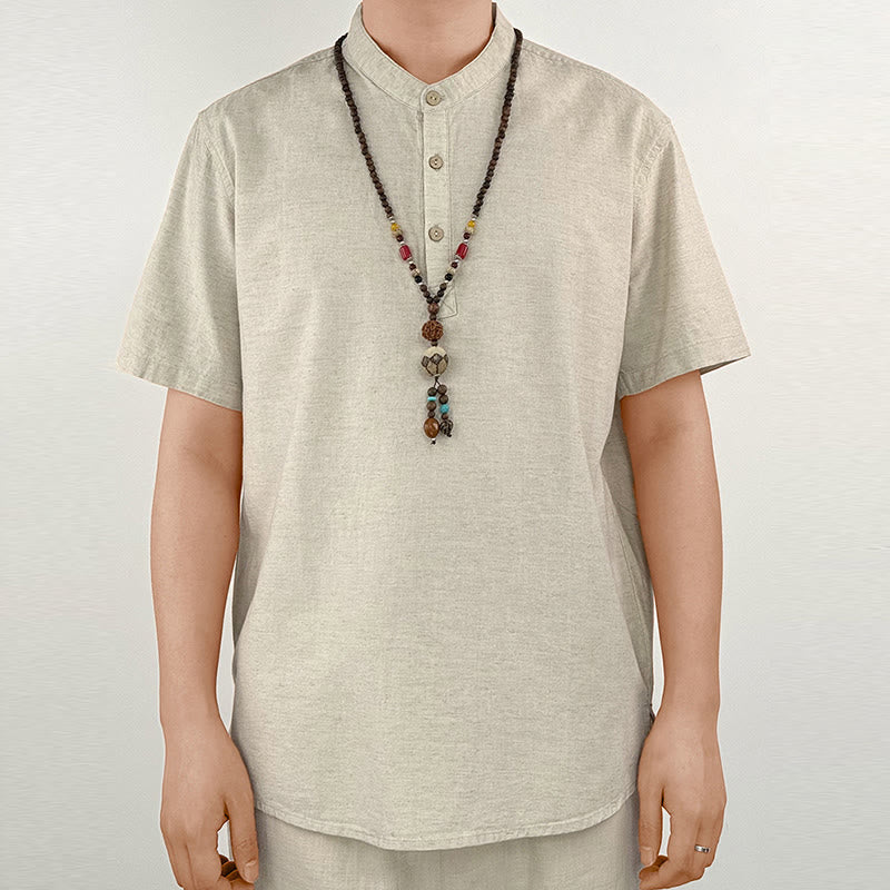 Buddha Stones Solid Color Men Short Sleeve Button Linen Shirt - Linen - US/UK/AU44,EU54 (4XL) - image 8