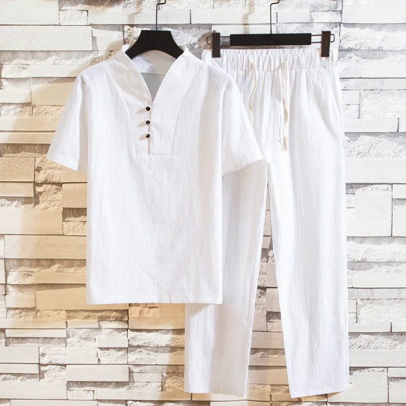 Buddha Stones 2Pcs Solid Color Cotton Button Short Sleeve T-shirt Pants Men's Set - White - US/UK/AU44,EU54 (5XL) - image 0