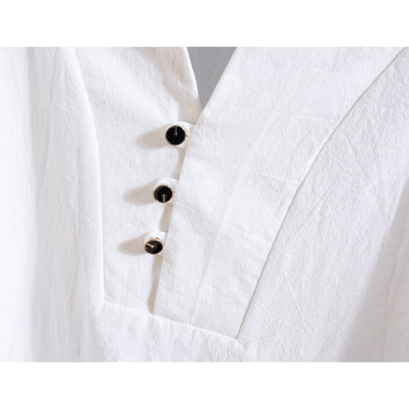Buddha Stones 2Pcs Solid Color Cotton Button Short Sleeve T-shirt Pants Men's Set - image 5