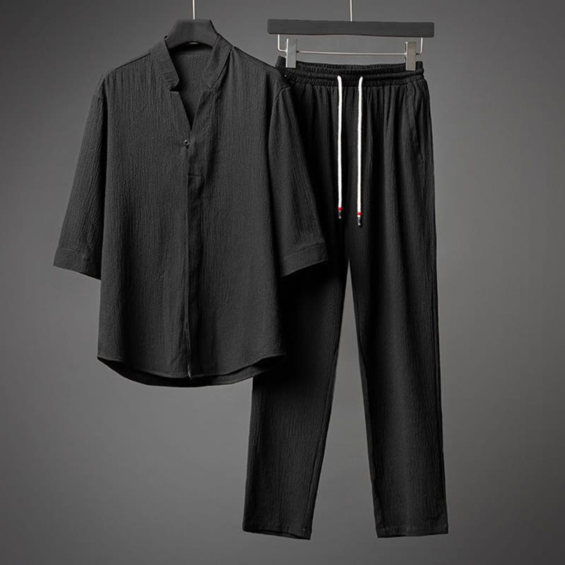 Ensemble deux pièces pour homme Foviel : chemise à manches mi-longues boutonnée et pantalon, texture unie