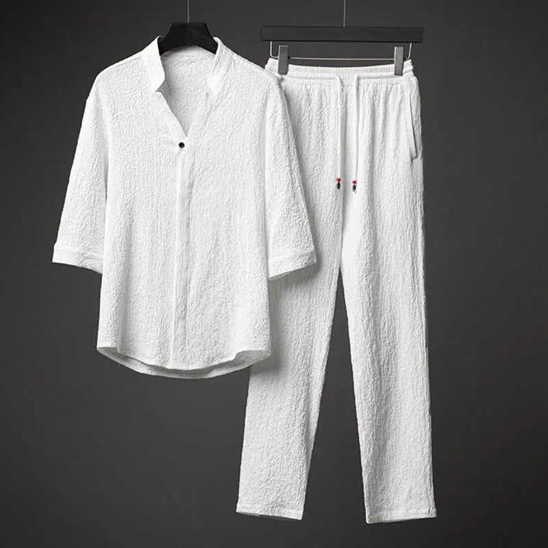 Ensemble deux pièces pour homme Foviel : chemise à manches mi-longues boutonnée et pantalon, texture unie