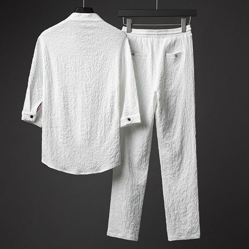 Ensemble deux pièces pour homme Foviel : chemise à manches mi-longues boutonnée et pantalon, texture unie