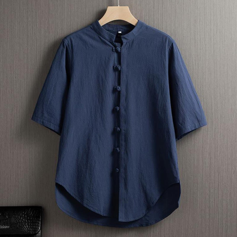 Buddha Stones Frog-Button Plain Chinese Tang Suit Short Sleeve Shirt Cotton Linen Men Clothing - Steelblue - US/UK/AU46,EU56 (5XL) - image 6