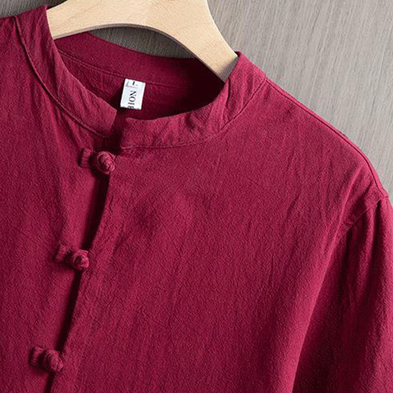 Buddha Stones Frog-Button Plain Chinese Tang Suit Short Sleeve Shirt Cotton Linen Men Clothing - image 2