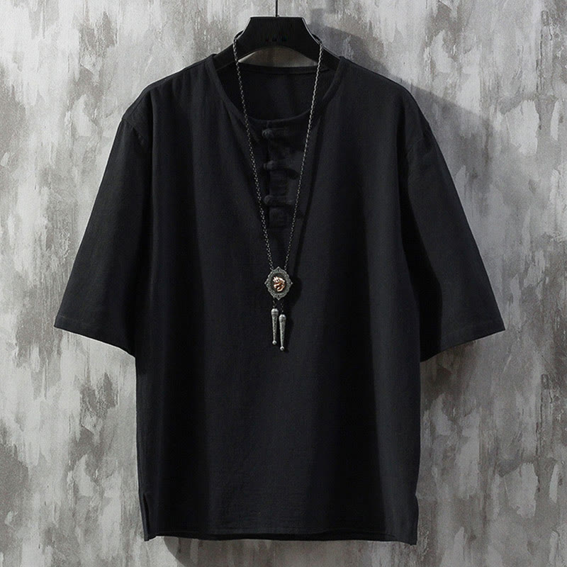 Chemise Tang chinoise à demi-manches pour hommes Foviel, couleur unie, avec boutons brandebourgs
