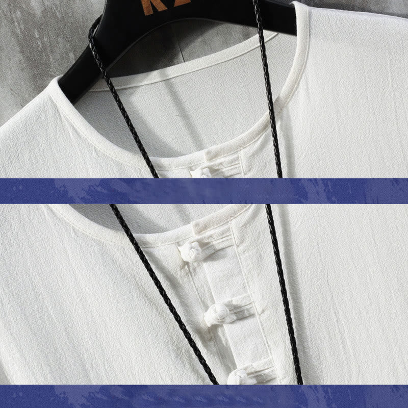 Chemise Tang chinoise à demi-manches pour hommes Foviel, couleur unie, avec boutons brandebourgs