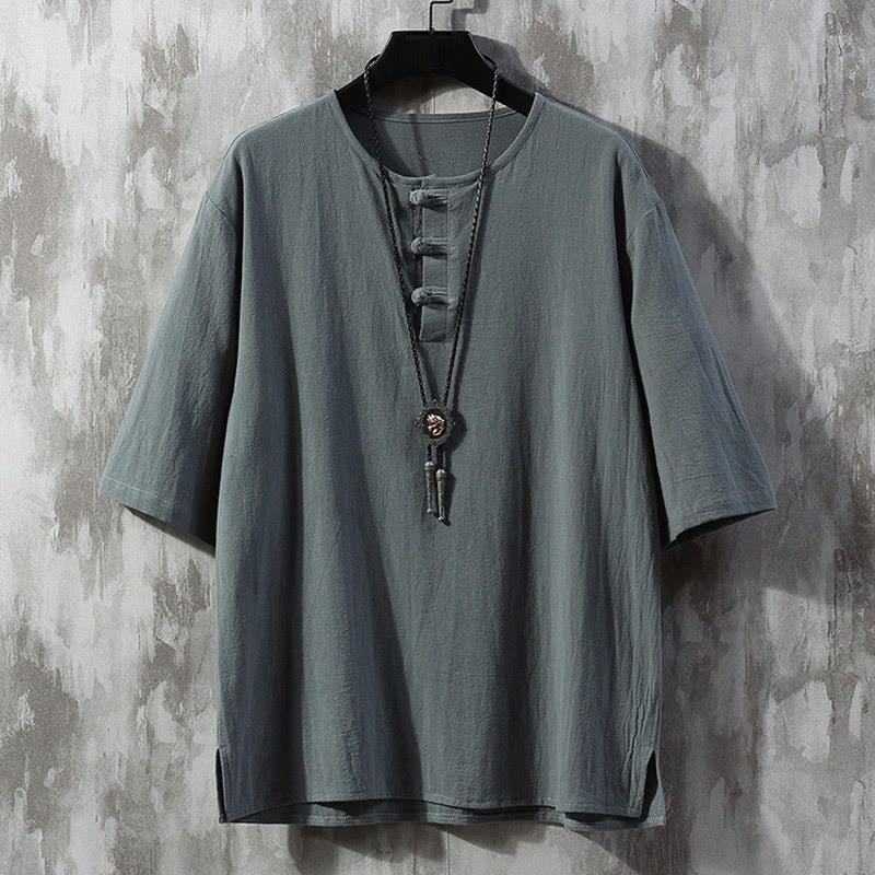 Chemise Tang chinoise à demi-manches pour hommes Foviel, couleur unie, avec boutons brandebourgs