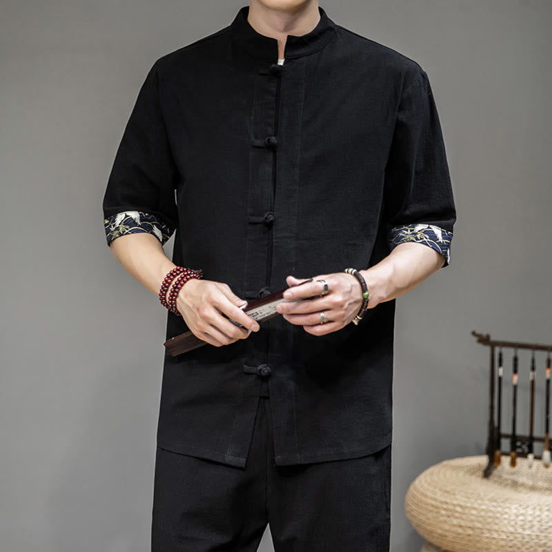 Buddha Stones Frog-Button Chinese Tang Suit Half Sleeve Crane Shirt Linen Men Clothing - Black - US/UK/AU46,EU56 (5XL) - image 3