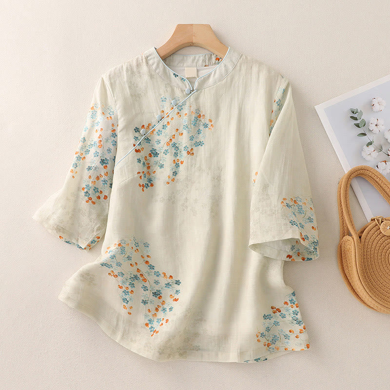 Buddha Stones Blue Flowers Orange Leaves Frog-Button Three Quarter Sleeve Shirt - US8-10,UK/AU12-14,EU40-42 (2XL) - image 0