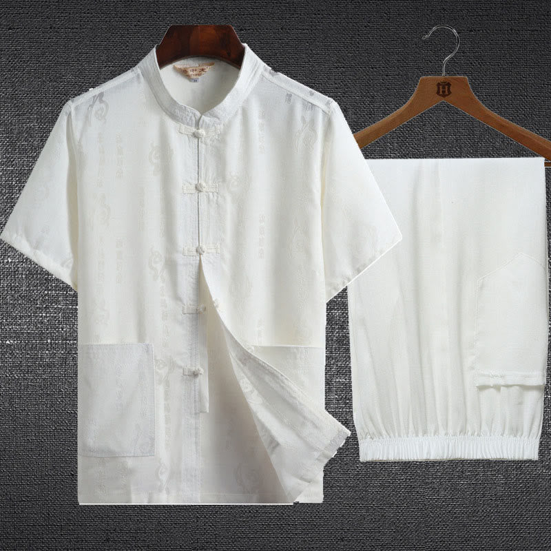 Buddha Stones 2Pcs Frog-Button Fu Character Dragon Bamboo Leaf Short Sleeve Shirt Pants Men's Set - White - Fu Character - US/UK/AU46,EU56 (4XL) - image 2