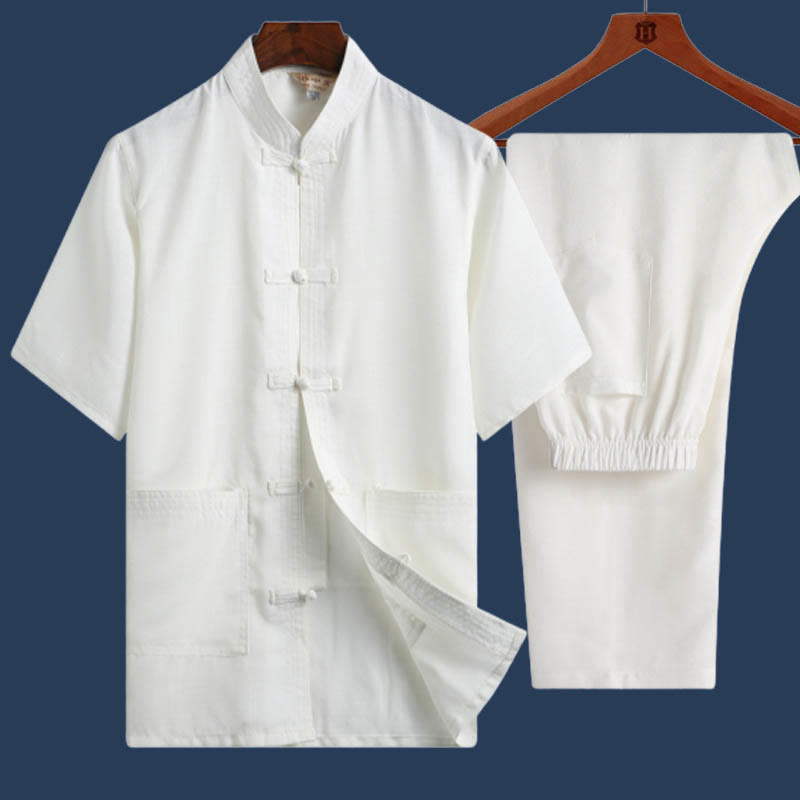 Buddha Stones 2Pcs Frog-Button Fu Character Dragon Bamboo Leaf Short Sleeve Shirt Pants Men's Set - White - Solid Color - US/UK/AU46,EU56 (4XL) - image 15