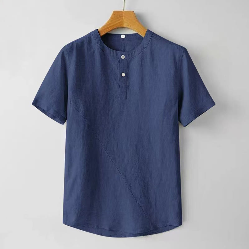 Buddha Stones Summer Men's Solid Color Button Short Sleeve Cotton Linen Shirt - SteelBlue - US/UK/AU48,EU58 (4XL) - image 10