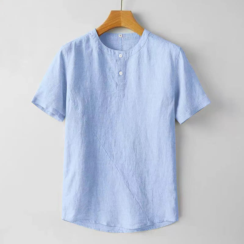 Buddha Stones Summer Men's Solid Color Button Short Sleeve Cotton Linen Shirt - LightSkyBlue - US/UK/AU48,EU58 (4XL) - image 8