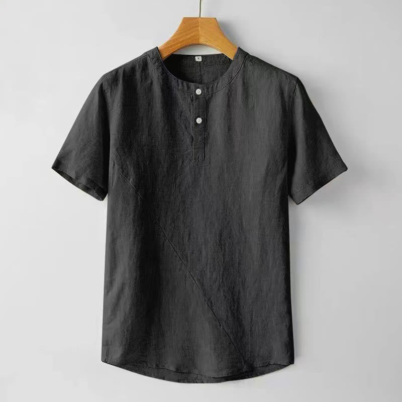 Buddha Stones Summer Men's Solid Color Button Short Sleeve Cotton Linen Shirt - Black - US/UK/AU48,EU58 (4XL) - image 6
