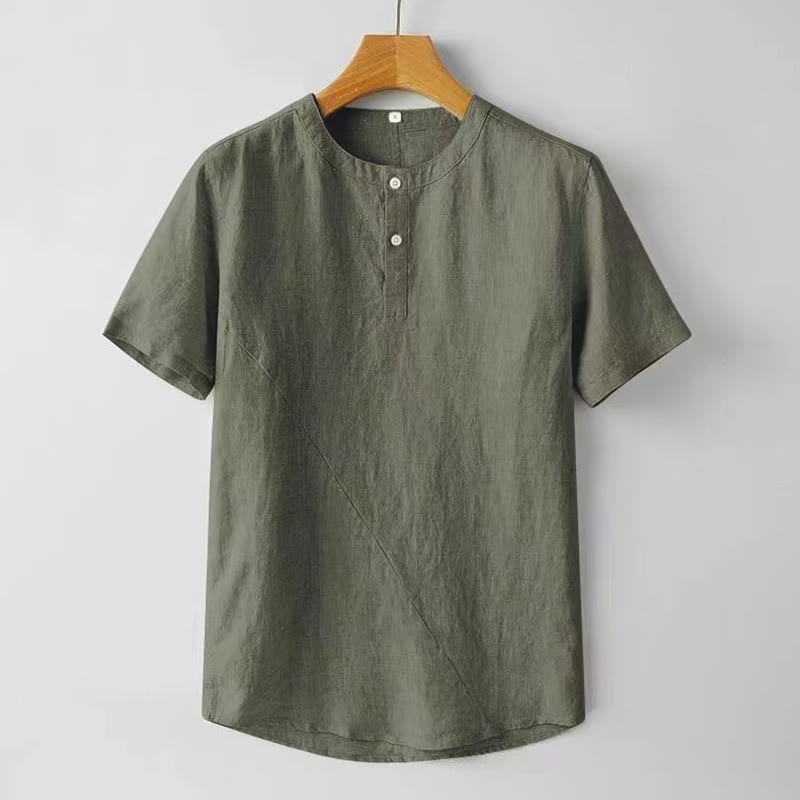 Buddha Stones Summer Men's Solid Color Button Short Sleeve Cotton Linen Shirt - DarkSeaGreen - US/UK/AU48,EU58 (4XL) - image 11