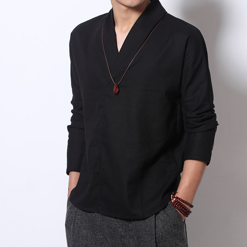 Buddha Stones Casual V-Neck Long Sleeve Shirt Linen Men Clothing - Black - US/UK/AU44,EU54 (5XL) - image 4