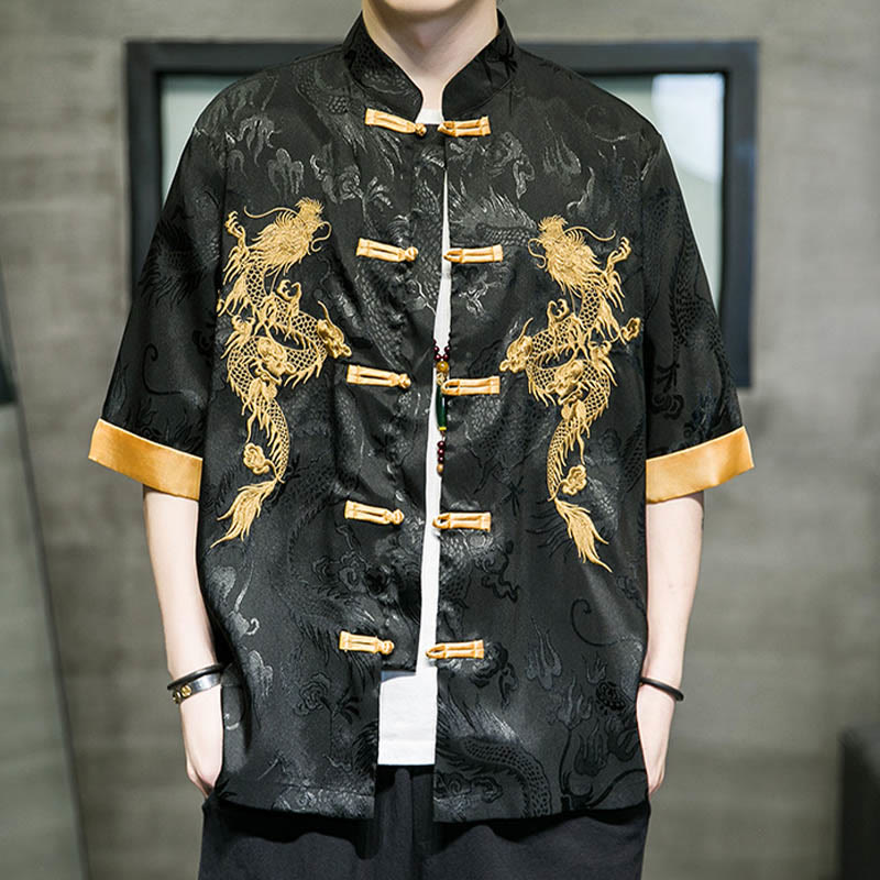Buddha Stones Frog-Button Chinese Dragon Embroidery Half Sleeve Shirt Linen Men Clothing - image 1