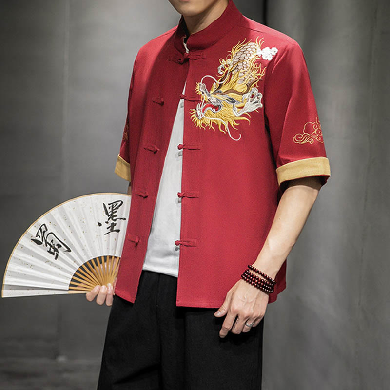 Buddha Stones Frog-Button Chinese Dragon Auspicious Cloud Embroidery Half Sleeve Shirt Cotton Linen Men Clothing - Tomato - US/UK/AU44,EU54 (5XL) - image 12