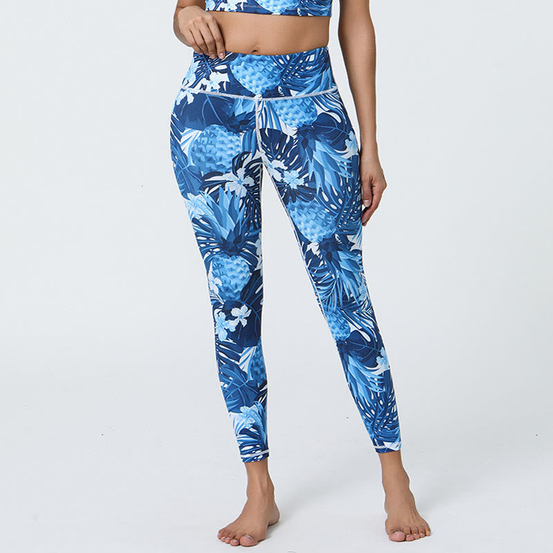 Buddha Stones Flowers Leaves Dandelions Pineapples Print Sports Fitness High Waist Leggings Women's Yoga Pants - Dark Blue Pineapples - US12,UK/AU16,EU44 (XL) - image 18