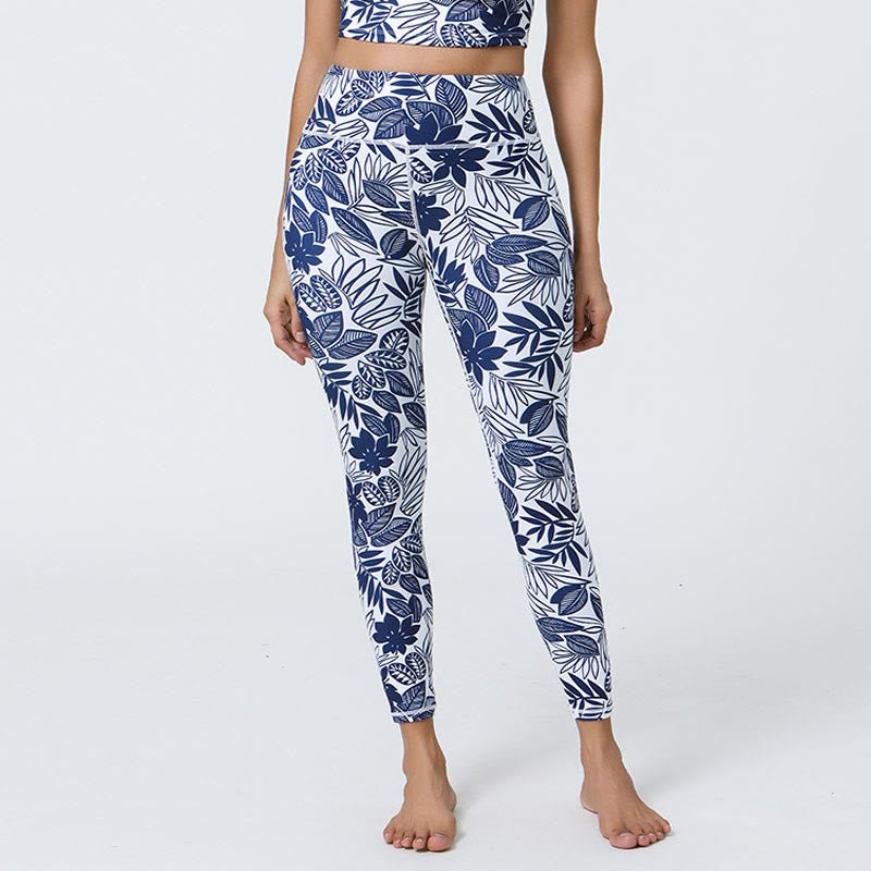 Buddha Stones Flowers Leaves Dandelions Pineapples Print Sports Fitness High Waist Leggings Women's Yoga Pants - White Blue Leaves - US12,UK/AU16,EU44 (XL) - image 23