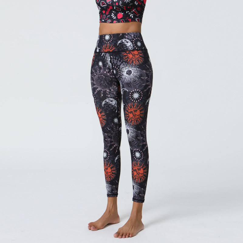 Buddha Stones Flowers Feathers Sun Moon Print Sports Fitness Yoga High Waist Leggings Women's Pants - Black Red Sun White Moon - US12,UK/AU16,EU44 (XL) - image 5