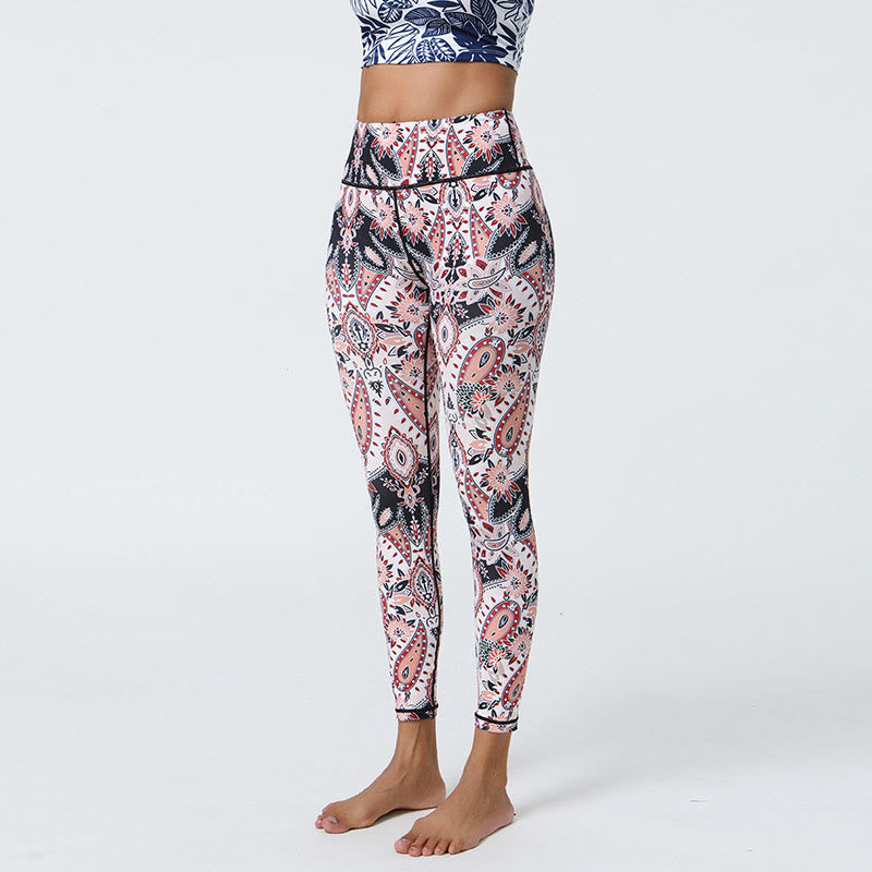 Buddha Stones Flowers Feathers Sun Moon Print Sports Fitness Yoga High Waist Leggings Women's Pants - White Light Pink Pattern - US12,UK/AU16,EU44 (XL) - image 22