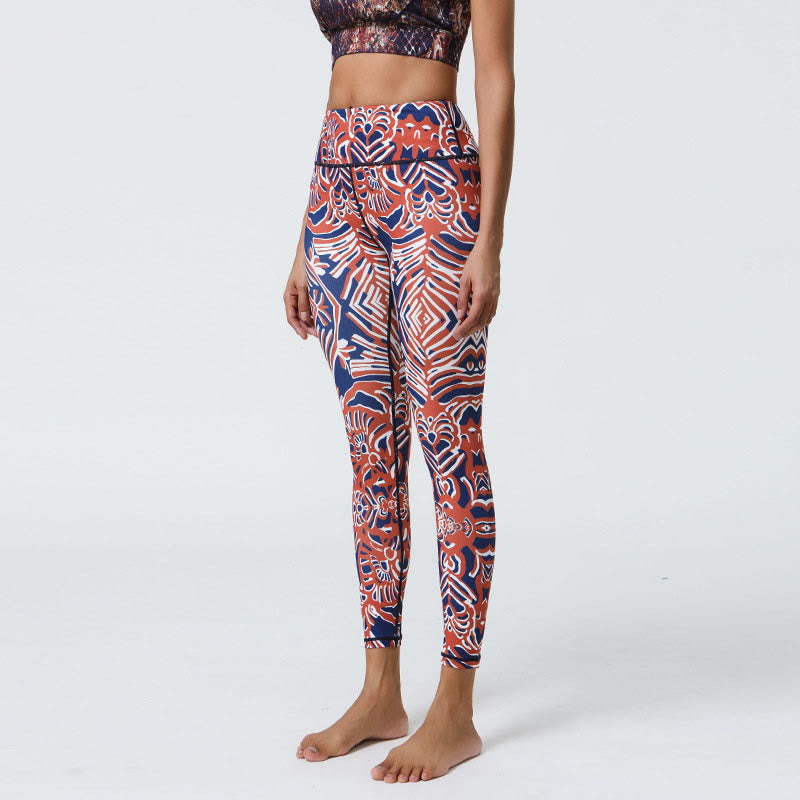Buddha Stones Flowers Feathers Sun Moon Print Sports Fitness Yoga High Waist Leggings Women's Pants - Red Dark Blue Pattern - US12,UK/AU16,EU44 (XL) - image 27