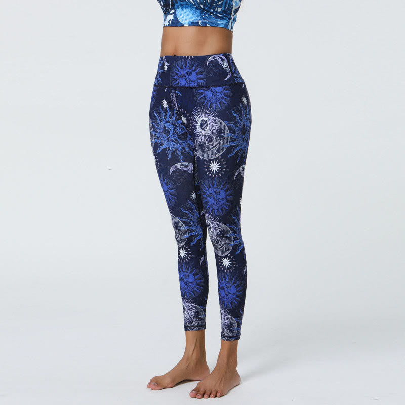 Buddha Stones Flowers Feathers Sun Moon Print Sports Fitness Yoga High Waist Leggings Women's Pants - Dark Blue Sun White Moon - US12,UK/AU16,EU44 (XL) - image 10