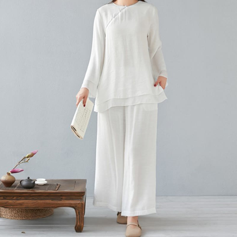 Buddha Stones 2Pcs Three Quarter Sleeve Long Sleeve Shirt Wide Leg Pants Meditation Cotton Linen Clothing Women's Set - White - Long Sleeve - US8-10,UK/AU12-14,EU40-42 (3XL) - image 0