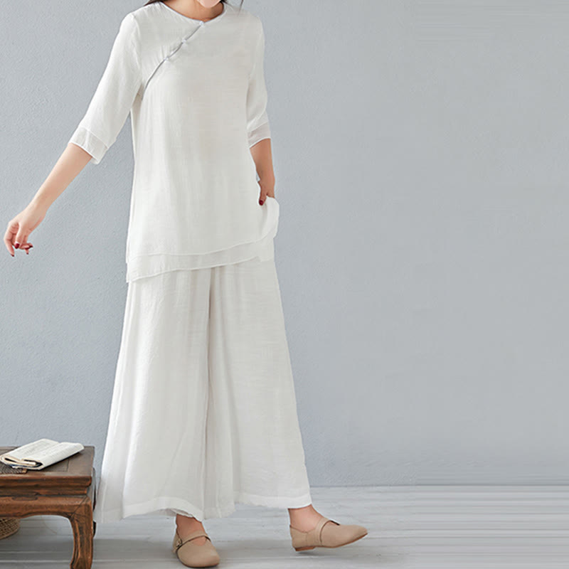 Buddha Stones 2Pcs Three Quarter Sleeve Long Sleeve Shirt Wide Leg Pants Meditation Cotton Linen Clothing Women's Set - image 8