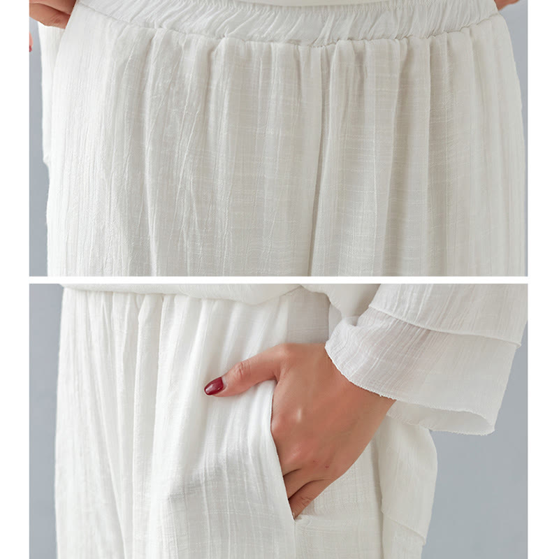 Buddha Stones 2Pcs Three Quarter Sleeve Long Sleeve Shirt Wide Leg Pants Meditation Cotton Linen Clothing Women's Set - image 12