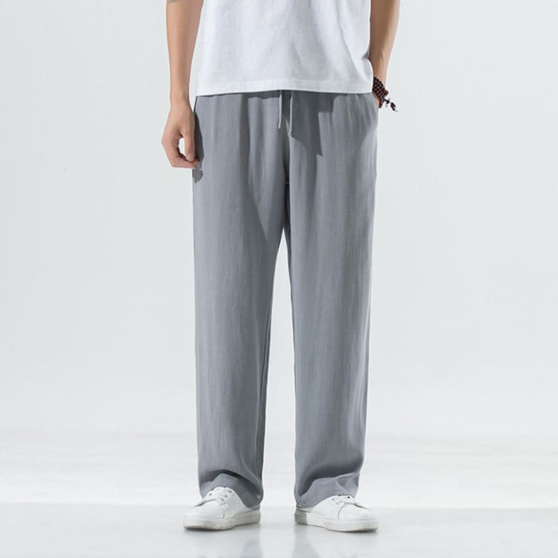 Foviel Solid Color Cotton Linen Men's Wide Leg Pants With Pockets